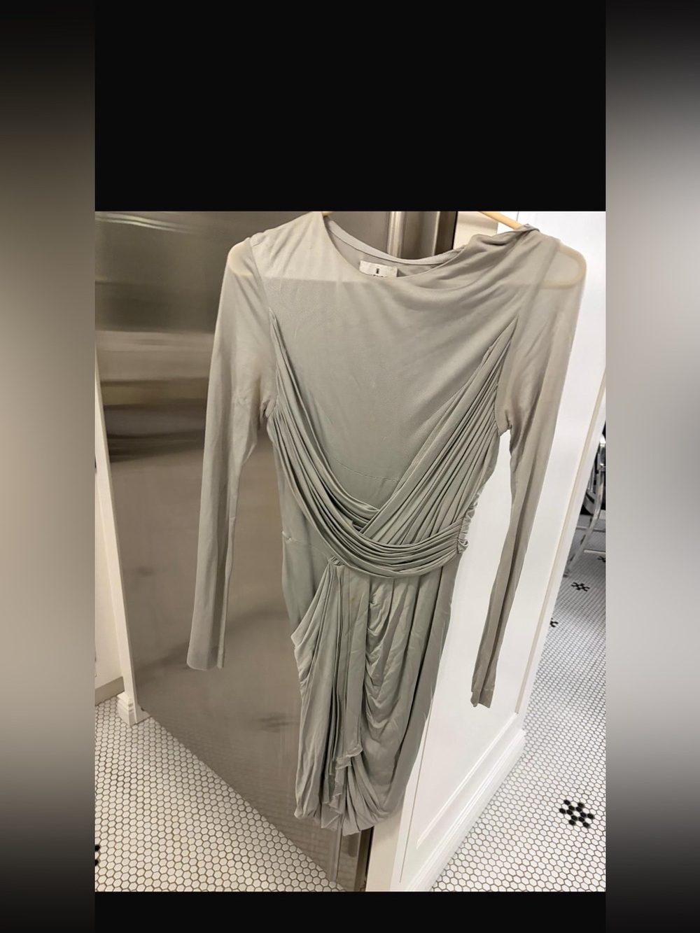 Draped Long-Sleeve Midi Dress in Light Gray